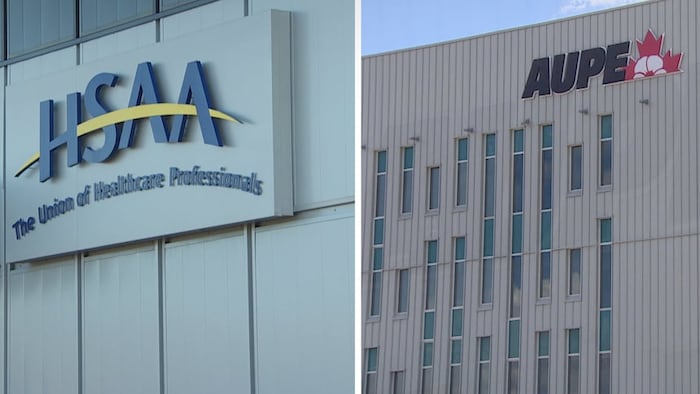 Les logos des syndicats HSAA et AUPE de l'Alberta.