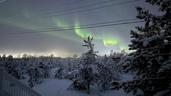 Des aurores boréales dans un décor enneigé.