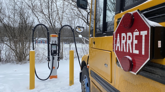 Un panneau d'arrêt sur un autobus scolaire.