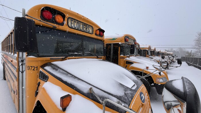 Une rangée d'autobus scolaires stationnés, l'hiver. 