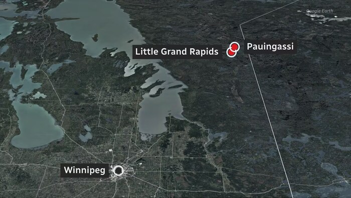 Une carte montrant les Premières Nations de Little Grand Rapids et de Pauingassi.