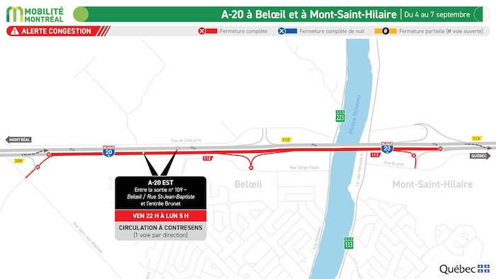 Une carte montre le tronçon de l'autoroute 20 affecté par des chantiers de construction.
