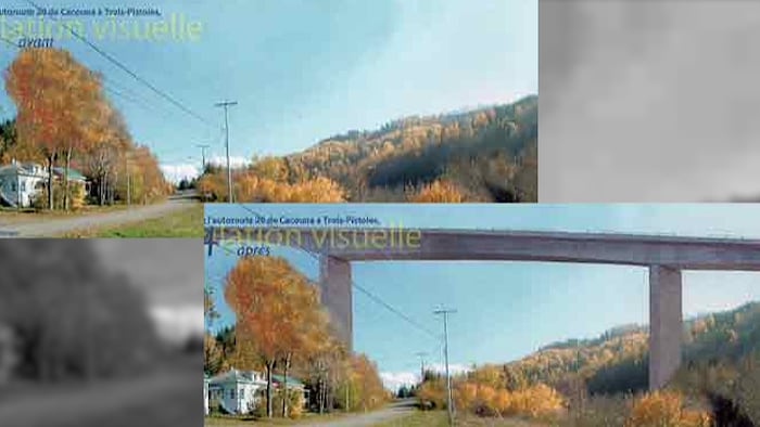 Un paysage automnal à Trois-Pistoles, juxtaposé avec le même paysage où un immense pont serait construit.