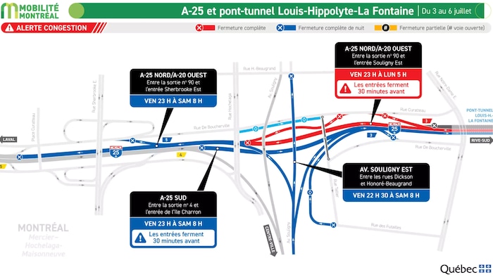 Une carte de la congestion prévue sur l'autoroute 25 en direction nord et sud.