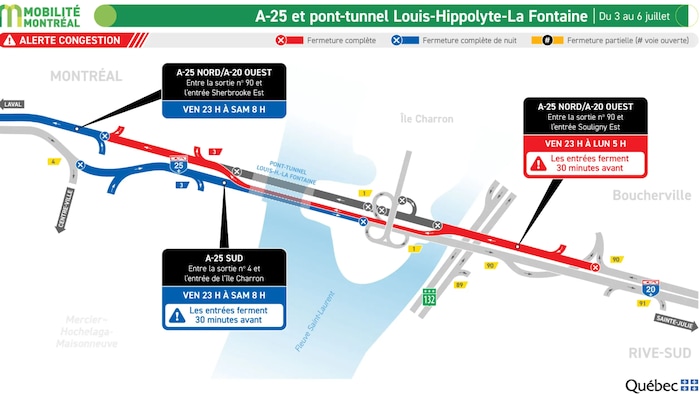 Une carte de la congestion prévue sur l'autoroute 25 en direction nord et sud.