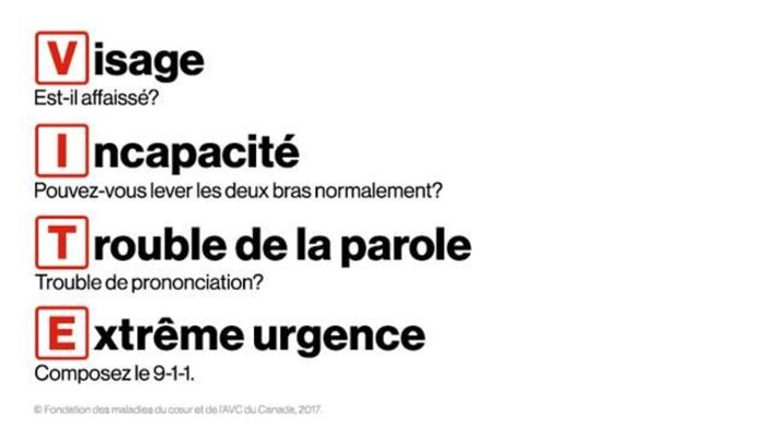 V pour visage affaisé, I pour incapacité à lever les deux bras normalement, T pour trouble de la parole, E pour Extrême urgence, donc il faut appeler le 9 1 1.