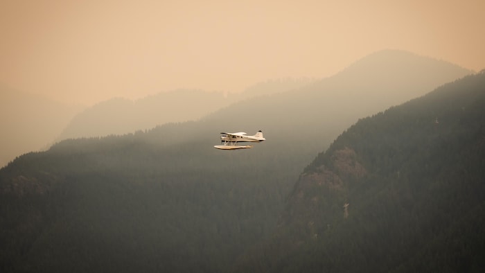 Un hydravion vole près des montagnes sous un ciel enfumé.