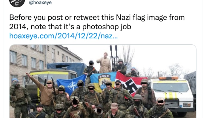Beaucoup d'internautes ont soulevé que cette photo, qui montre des soldats brandissant un drapeau du bataillon Azov, date de 2014 et a été modifiée.