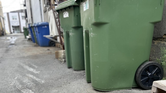 Des bacs pour les poubelles dans une ruelle de Rouyn-Noranda.