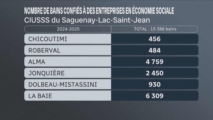 Ce tableau statistique présente le nombre de bains confiés à des entreprises d'économie sociale par le CIUSSS du Saguenay-Lac-Saint-Jean pour 2024-2025. Il détaille les chiffres pour six secteurs, totalisant 15 388 bains, avec La Baie en tête (6 309).