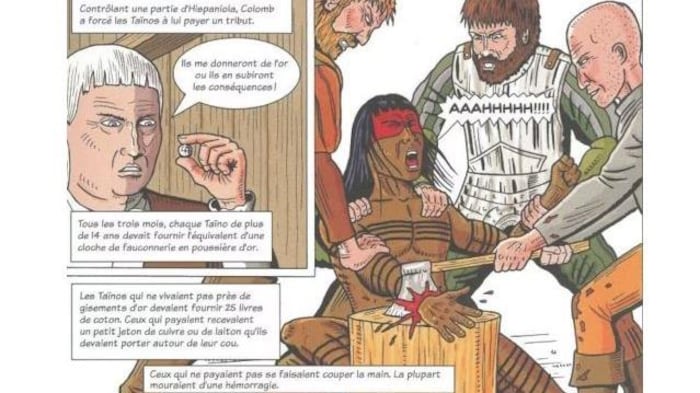 Une planche de bande dessinée où on voit un exemple des pratiques barbares des hommes de Christophe Colomb envers les peuples autochtones.
