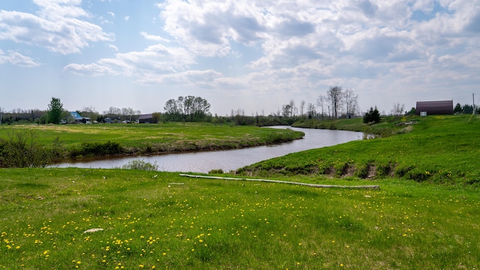 Vue sur un champ qui donne sur une rivière.