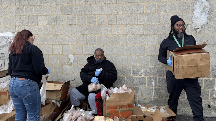 Trois personnes assemblent des sacs de légumes qui arrivent dans des boîtes. 