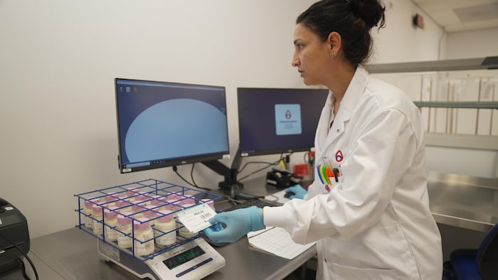 Une femme analyse les bouteilles de lait maternel en entrant un code dans un ordinateur.