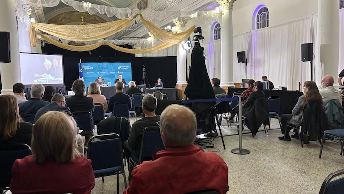 Une vingtaine de personnes vues de dos sont assises dans une salle.