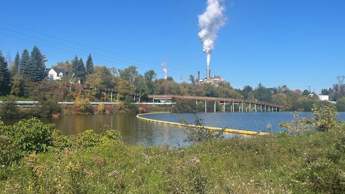 Une installation jaune sur une rivière, entourée d'arbres et d'une usine.