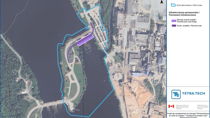 Le schéma illustre en mauve le nouveau barrage-pont projeté par rapport à l'actuel.