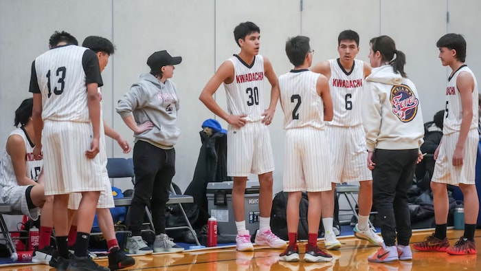 De jeunes joueurs de basket-ball font une pause.