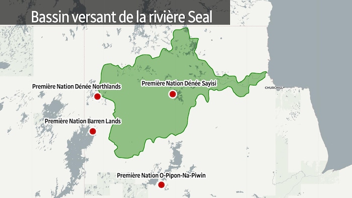 Une carte montrant une zone près de la Baie d'Hudson et quatre communautés autochtones.