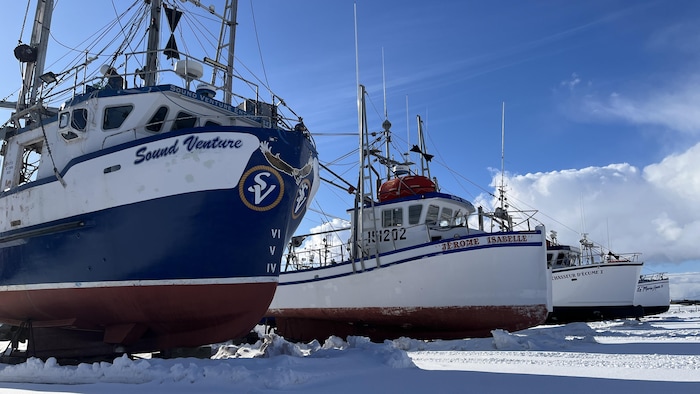 Quatre bateaux de pêche, dont le Sound Venture, sont immobilisés dans la neige sous un ciel bleu dégagé.
