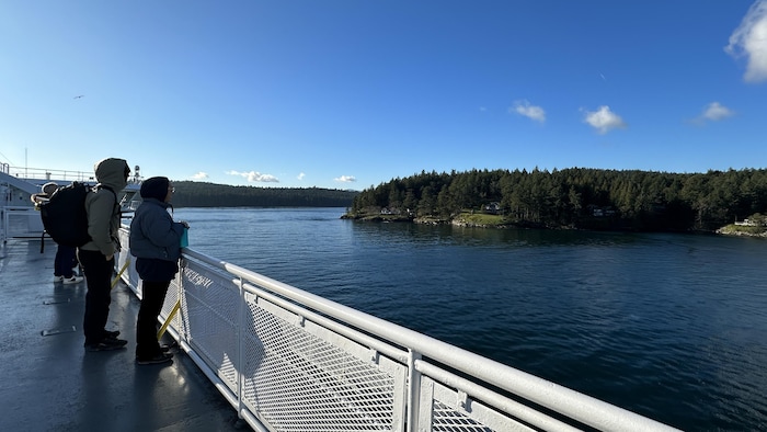 Des passagers admirent le paysage sur un traversier.