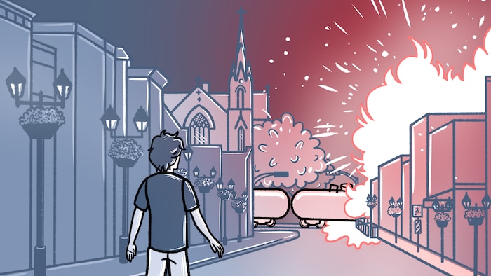 Un dessin de la bande dessinée lorsque le train explose au centre-ville.