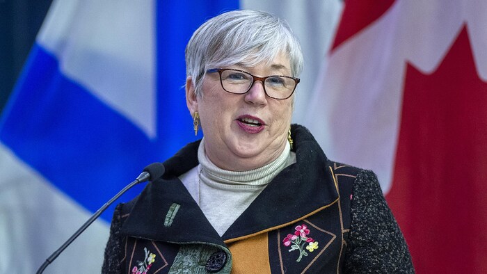 Bernadette Jordan prend la parole en public devant un drapeau de la Nouvelle-Écosse et un drapeau du Canada.