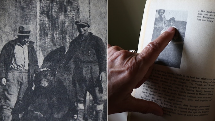 Une photo en noir et blanc de deux hommes avec un ours. Et une autre photo en noir et blanc d'un couple avec un bébé.