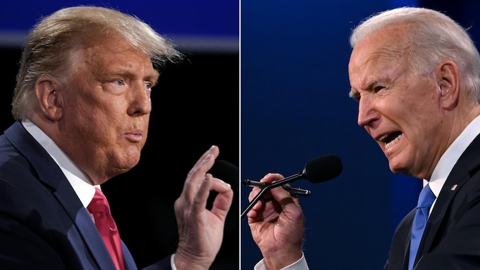 Montage de Joe Biden et de Donald Trump face à face.