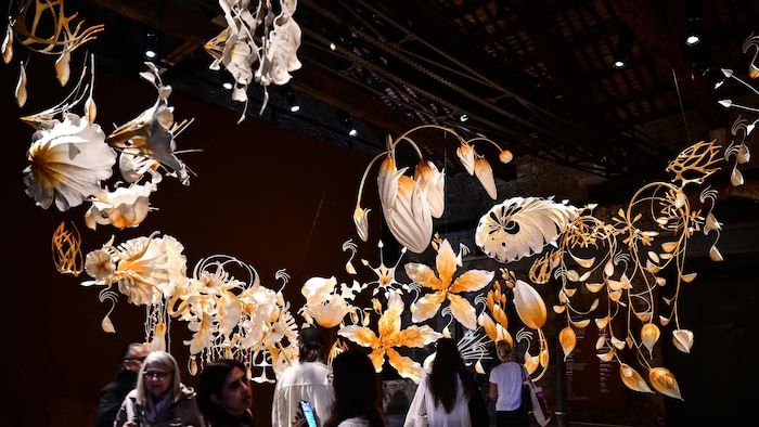 Des personnes regardent une œuvre d'art composée de fleurs. 