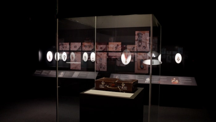 Une malette sous une vitrine dans une salle d'exposition.