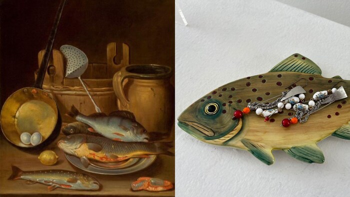 Une peinture et une assiette en forme de poisson. 