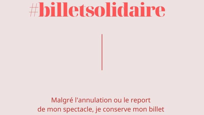 « #billetsolidaire - Malgré l'annulation ou le report de mon spectacle, je conserve mon billet en soutien à la culture » est écrit en rose vif sur un fond rose pâle.