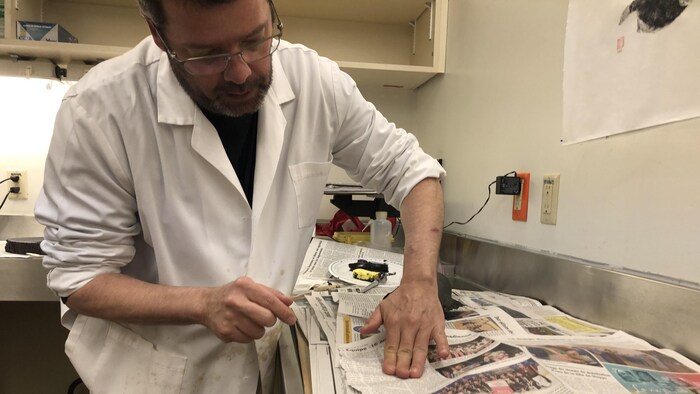 Un scientifique appuie de sa main sur une feuille de papier journal en dessous de laquelle se trouve un saumon encré.