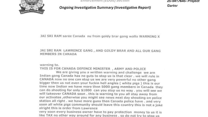 La lettre envoyé à la police par le gang Bishnoi.