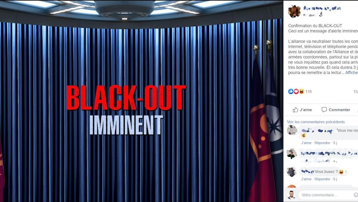 C'est un texte avec une image sur laquelle il est écrit « black-out imminent ».