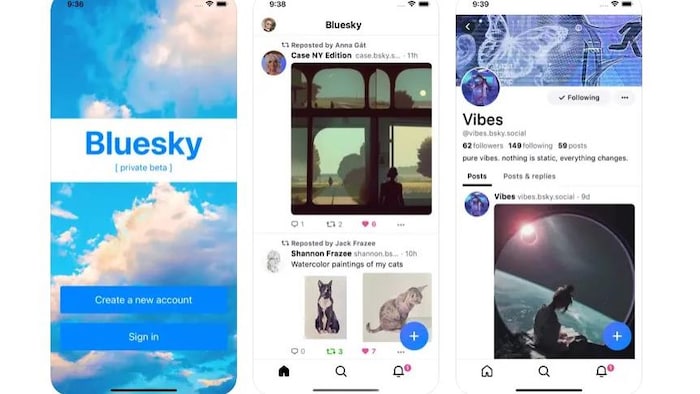 Captures d'écran de l'application Bluesky sur iOS, laquelle affiche un fil d'actualité semblable à Twitter et un ciel bleu. 