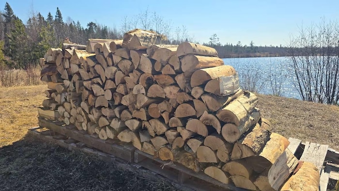 Une corde de bois sur un terrain, une rivière au loin.