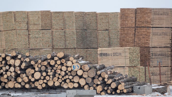 Une pile rondin de bois et plusieurs autres piles de bois coupé dans la cours d'une scierie.