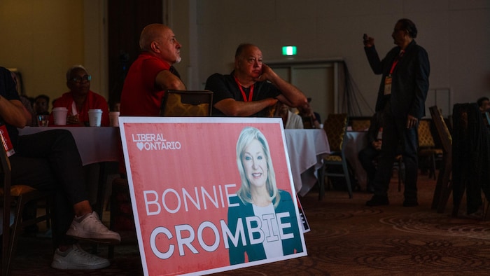 Des personnes assises à une table attendent les résultats du vote de confiance. Une pancarte de Bonnie Crombie fait dos à une chaise près d’eux.