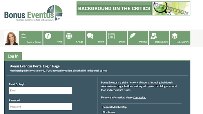 La page d'accueil du réseau social privé Bonus Eventus laisse peu de doutes sur la présence de renseignements sur des personnes ou des groupes «critiques».