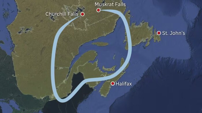 Une carte géographique indique un lien de transport de l'électricité à partir de Churchill Falls et de Muskrat Falls.