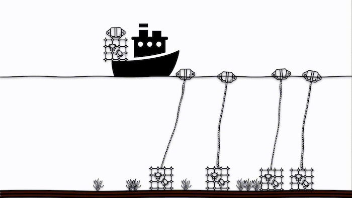 bateau et bouees avec le cordage deroulee