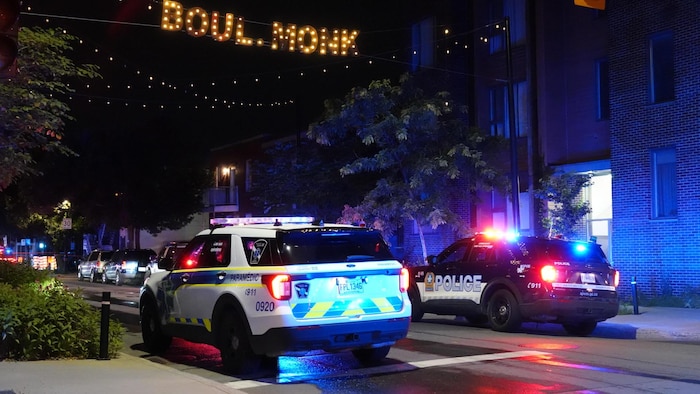 Des véhicules d'urgence sont immobilisés sur le boulevard Monk, à Montréal, dans la nuit du 29 au 30 juillet 2026.