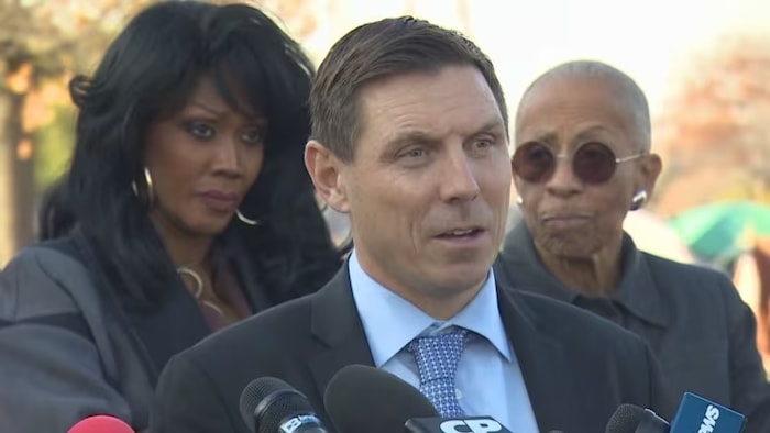 Brampton Mayor Patrick Brown speaks to reporters on Thursday, saying it is time for the federal government to provide more funding to house asylum seekers in Peel Region. His comments come after a man who sought refuge in Peel Region was found dead in a tent on Wednesday. 
