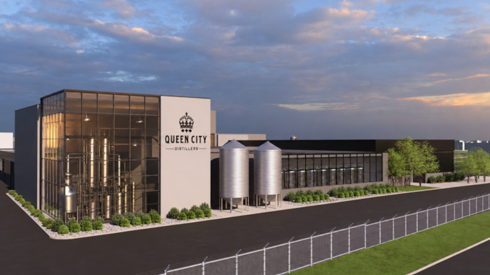 Rendu de l'extérieur de la future brasserie et distillerie de Queen City Distillers au Centre Avana, au Real District