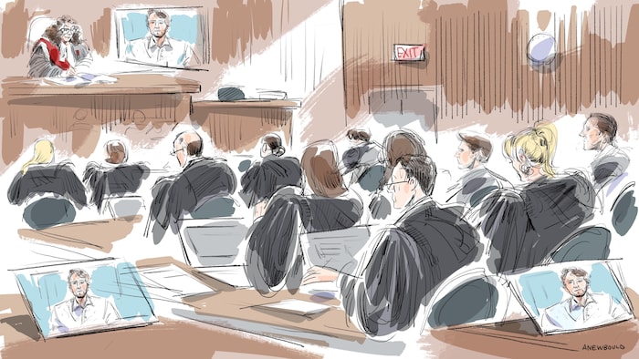 Un croquis de la salle d'audience du palais de justice de London, où on peut voir Brett Howden sur un écran