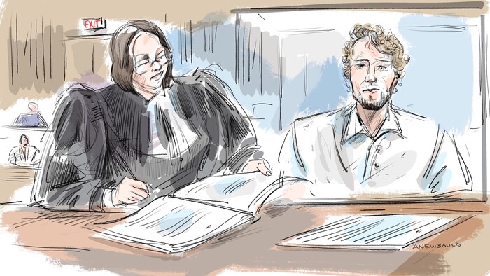 Un croquis de la procureure Meaghan Cunningham ainsi que de Brett Howden sur un écran