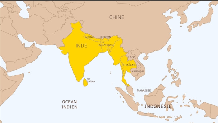 Une carte de l'Asie du Sud-Est avec en surbrillance le Myanmar, le Bangladesh, le Bhoutan, l’Inde, le Népal, le Sri Lanka et la Thaïlande.