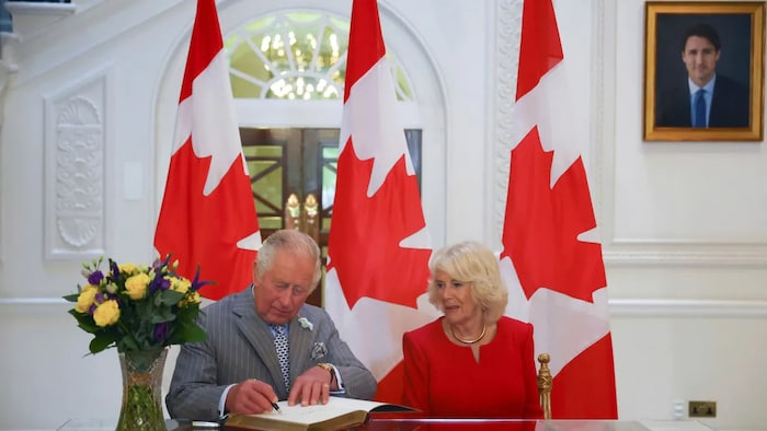 Prince Charles and Camilla, Duchess of Cornwall visit Canada House in London on May 12, 2022 ahead of their royal tour. (Hannah McKay/Pool via AP Photo)
